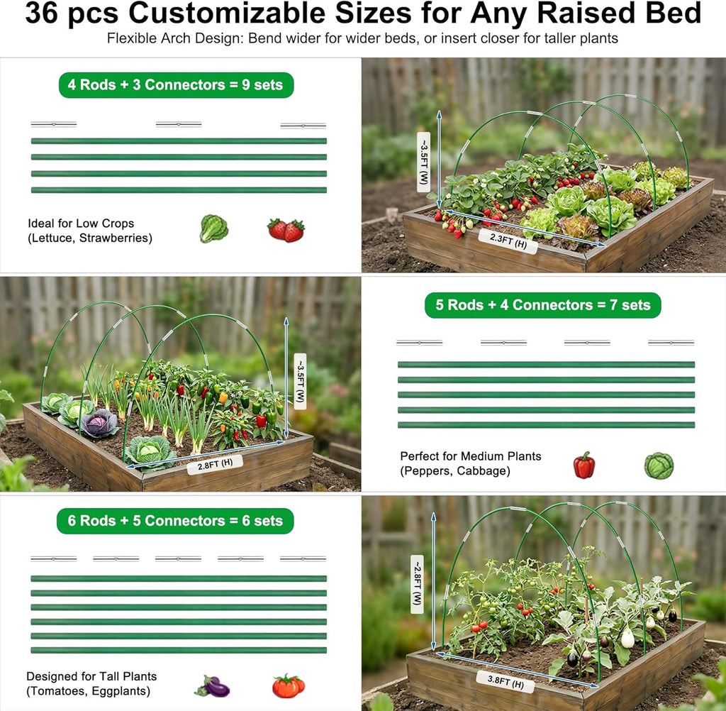 Garden Hoops for Raised Beds, Splinter-Free Fiberglass Greenhouse Hoops Grow Tunnel, 36 Pcs Adjustable Frame for Row