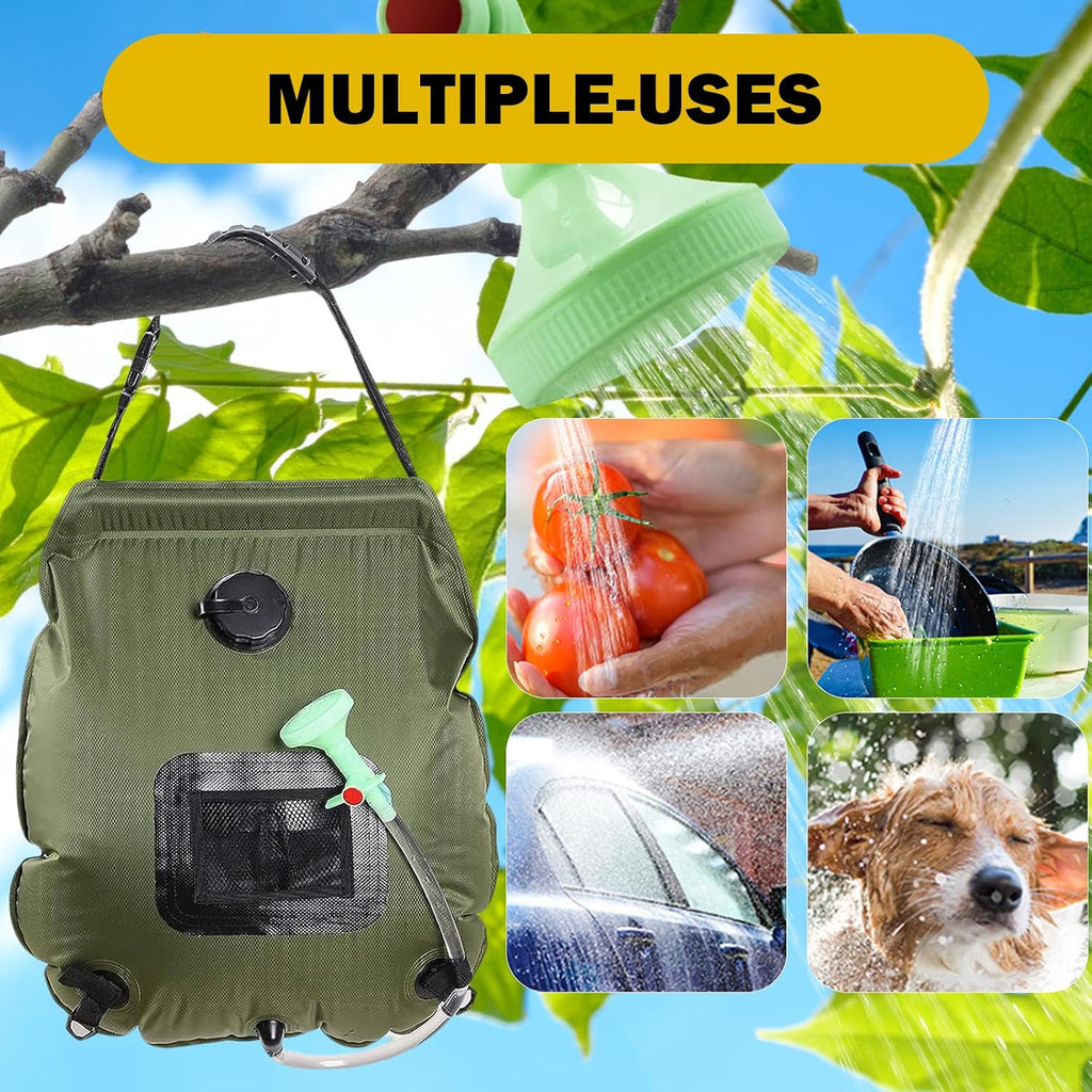 Solar Shower Bag | 5 Gal/20L Solar Heating Camping Shower Bag | Removable Hose | On-Off Switchable Shower Head |