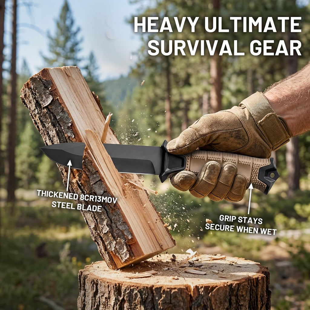 Fixed Blade Tactical Survival Knife, Full Tang 8Cr13MoV with Sheath, Fire Starter & Compass, Non-Slip Handle, for