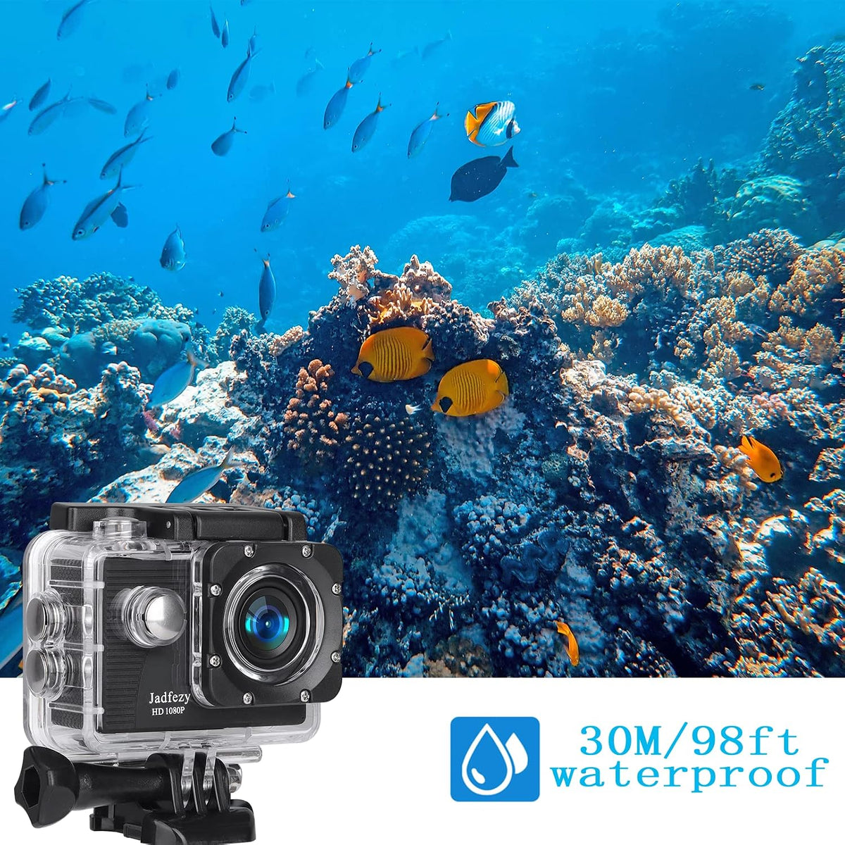 Action Camera FHD 1080P 12MP, 98FT/30M Underwater Waterproof Camera with 2 Batteries, Wide Angle Sports Camera with
