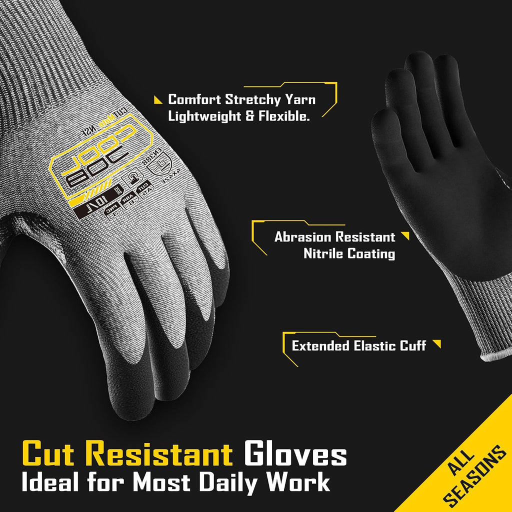 ANSI A5 Cut Resistant Gloves - 1/3/12 Pairs, Nitrile Rubber Dipped Safety Work Gloves for Men, Knife Proof with Grip