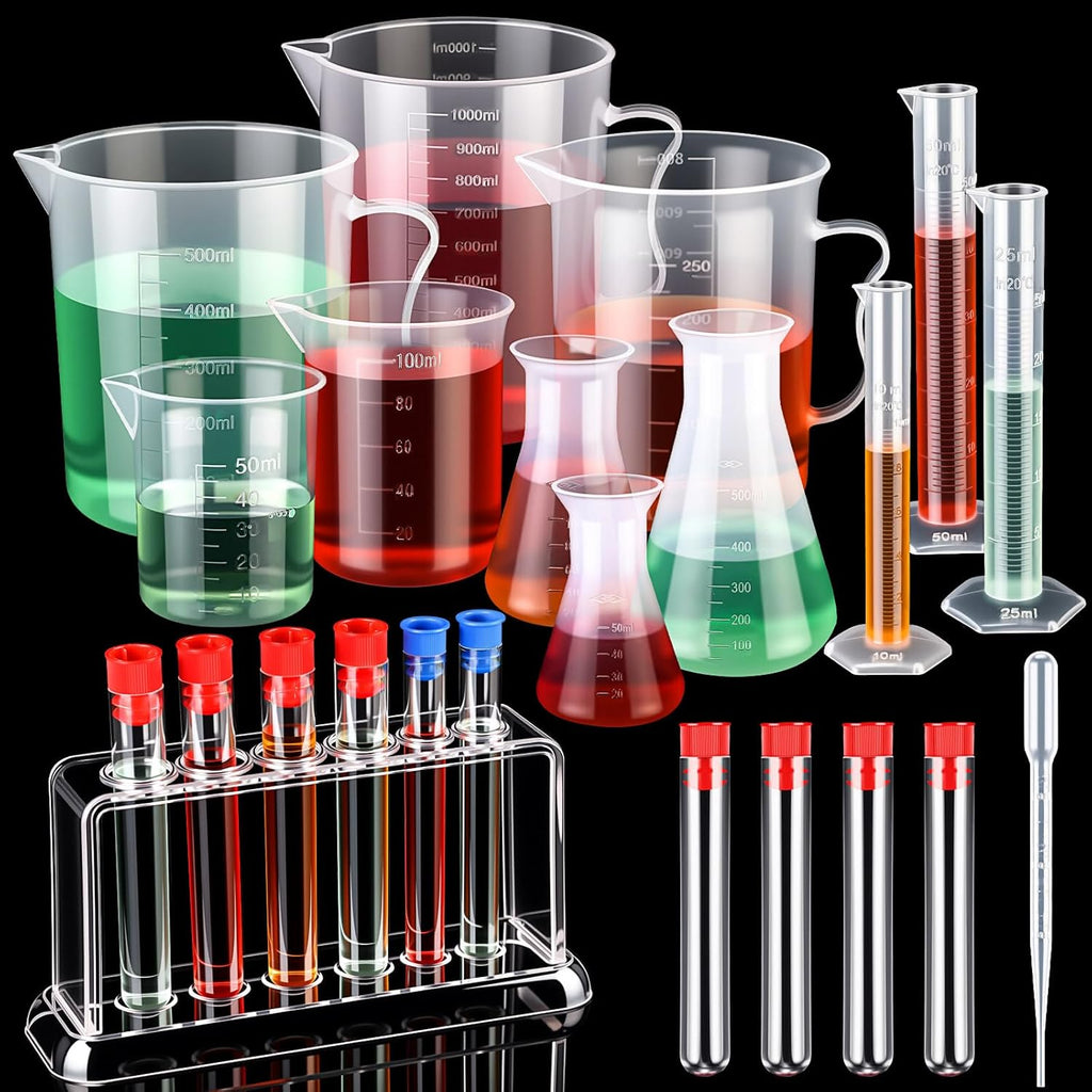 28 Pcs Beakers and Test Tubes Set Including 3 Graduated Cylinder 5 Plastic Beakers 3 Erlenmeyer Flask 10 Droppers 6