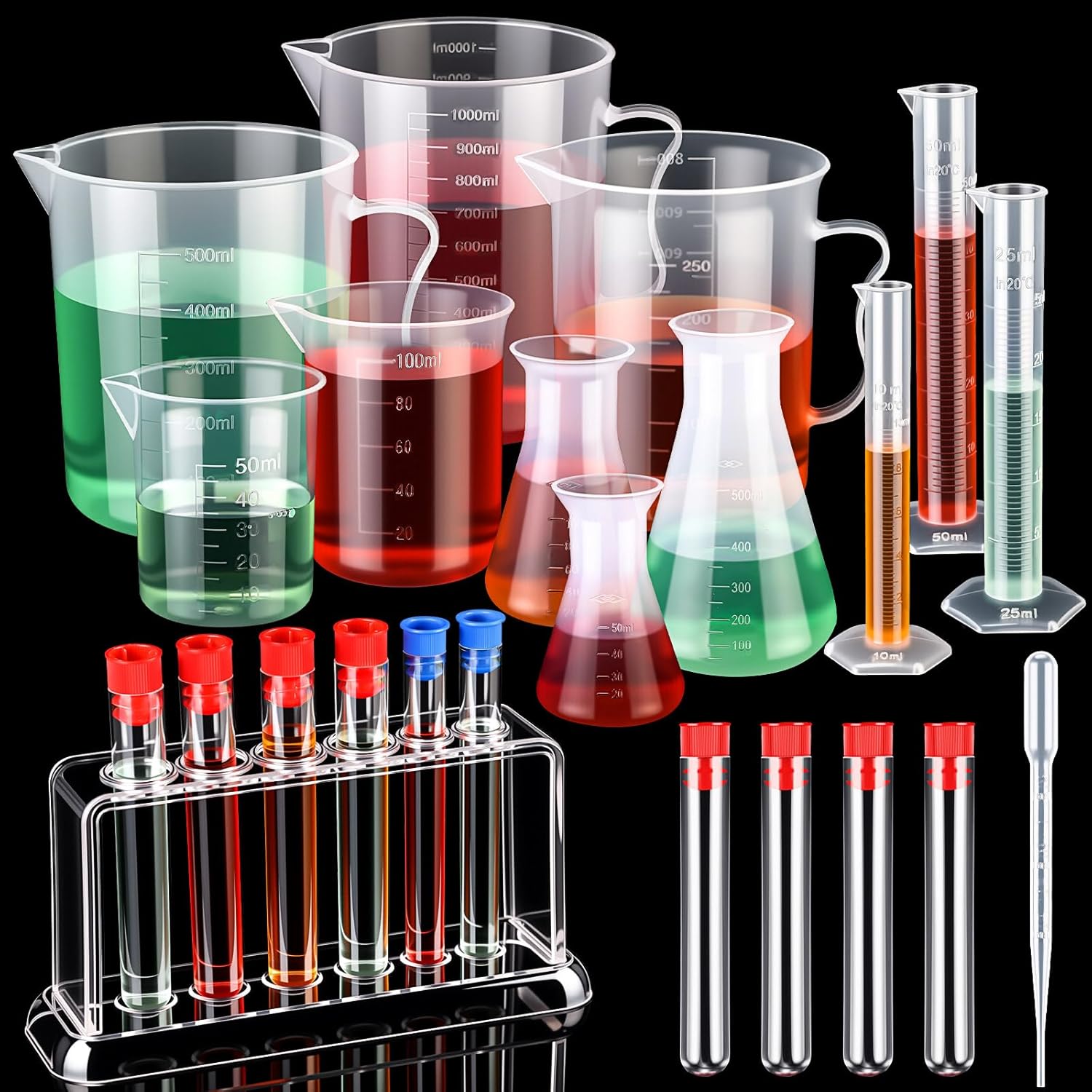 28 Pcs Beakers and Test Tubes Set Including 3 Graduated Cylinder 5 Plastic Beakers 3 Erlenmeyer Flask 10 Droppers 6