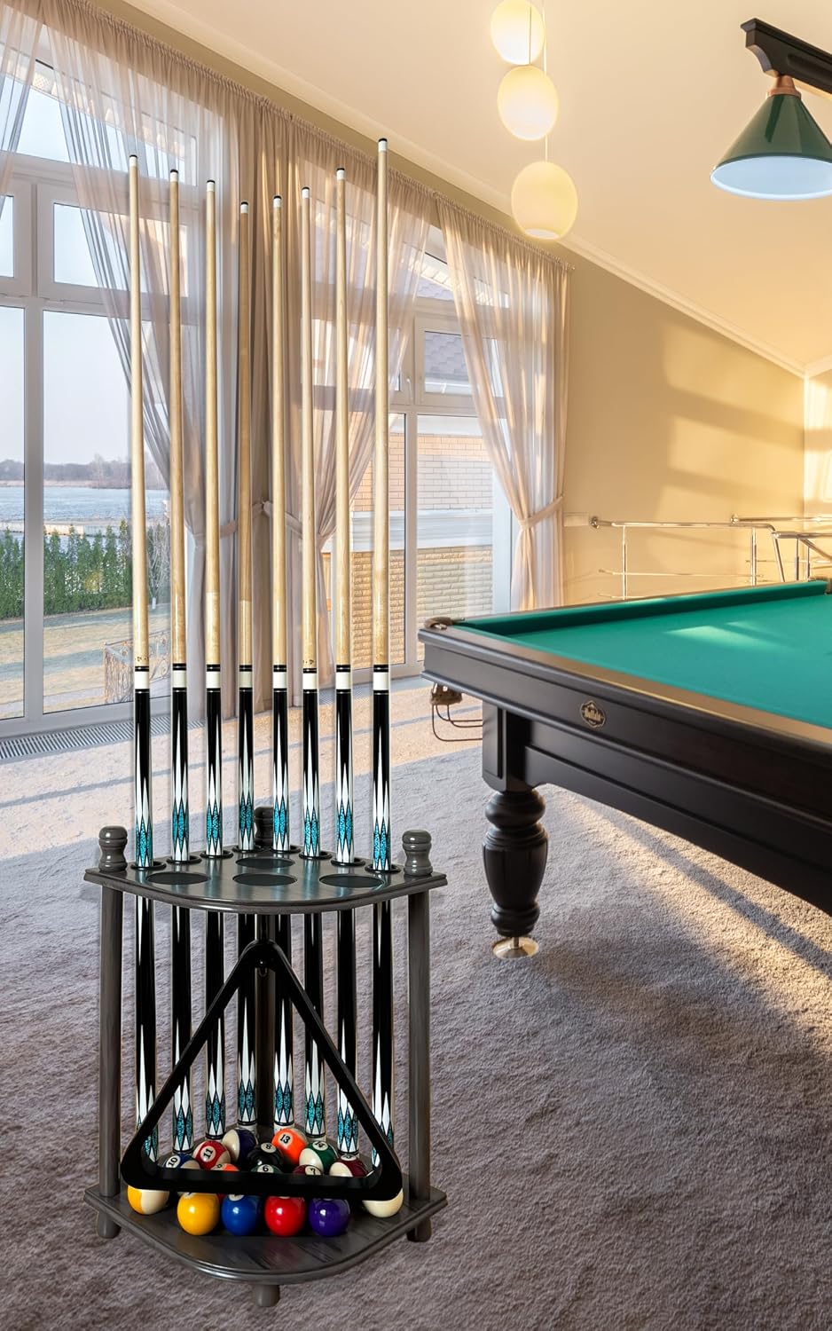 Pool Cue Rack Hold up to 8 Sticks & Billiard Accessories. Floor Stand Pool Cue Stick Holder Made of 100% Solid