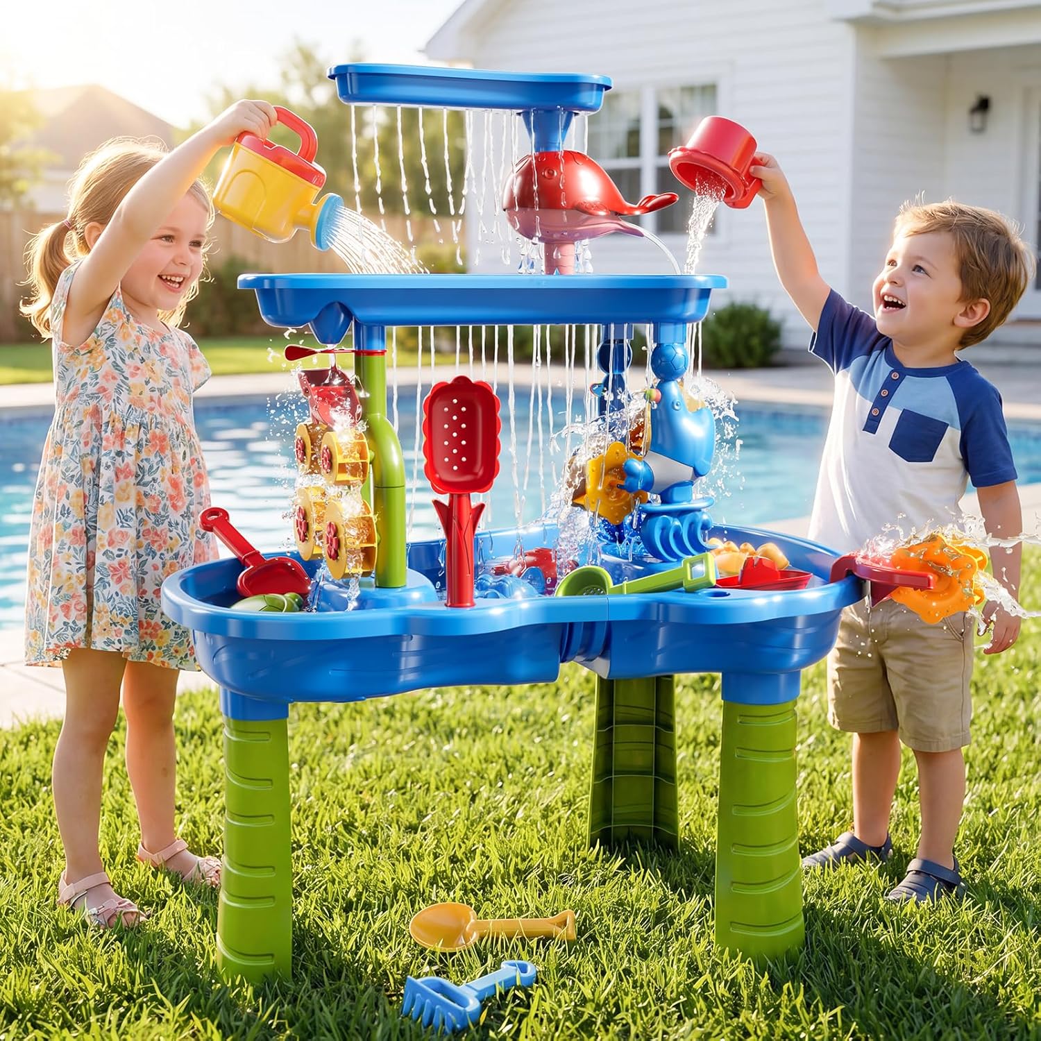 3-Tier Sand and Water Table for Kids, Summer Outdoor Beach Outside Backyard Activity Sensory Kids Sand and Water