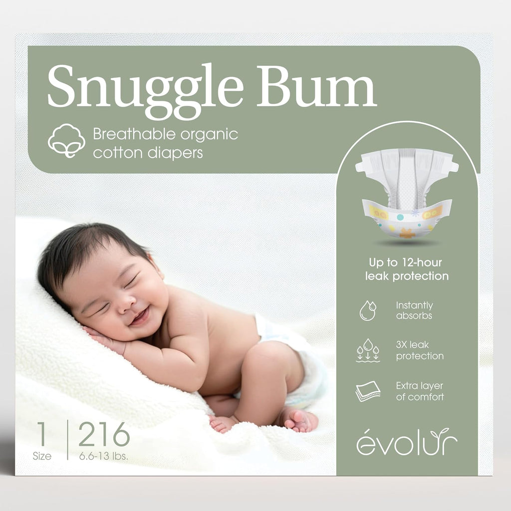 Snuggle Bum Baby Diapers Size 1, Newborn, PFAS-Free, 216 Count