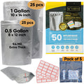 50 Mylar Bags for Food Storage - 0.5 and 1 Gallon Mylar Bags with Oxygen Absorbers 400cc - 9.4 Mil Extra Thick
