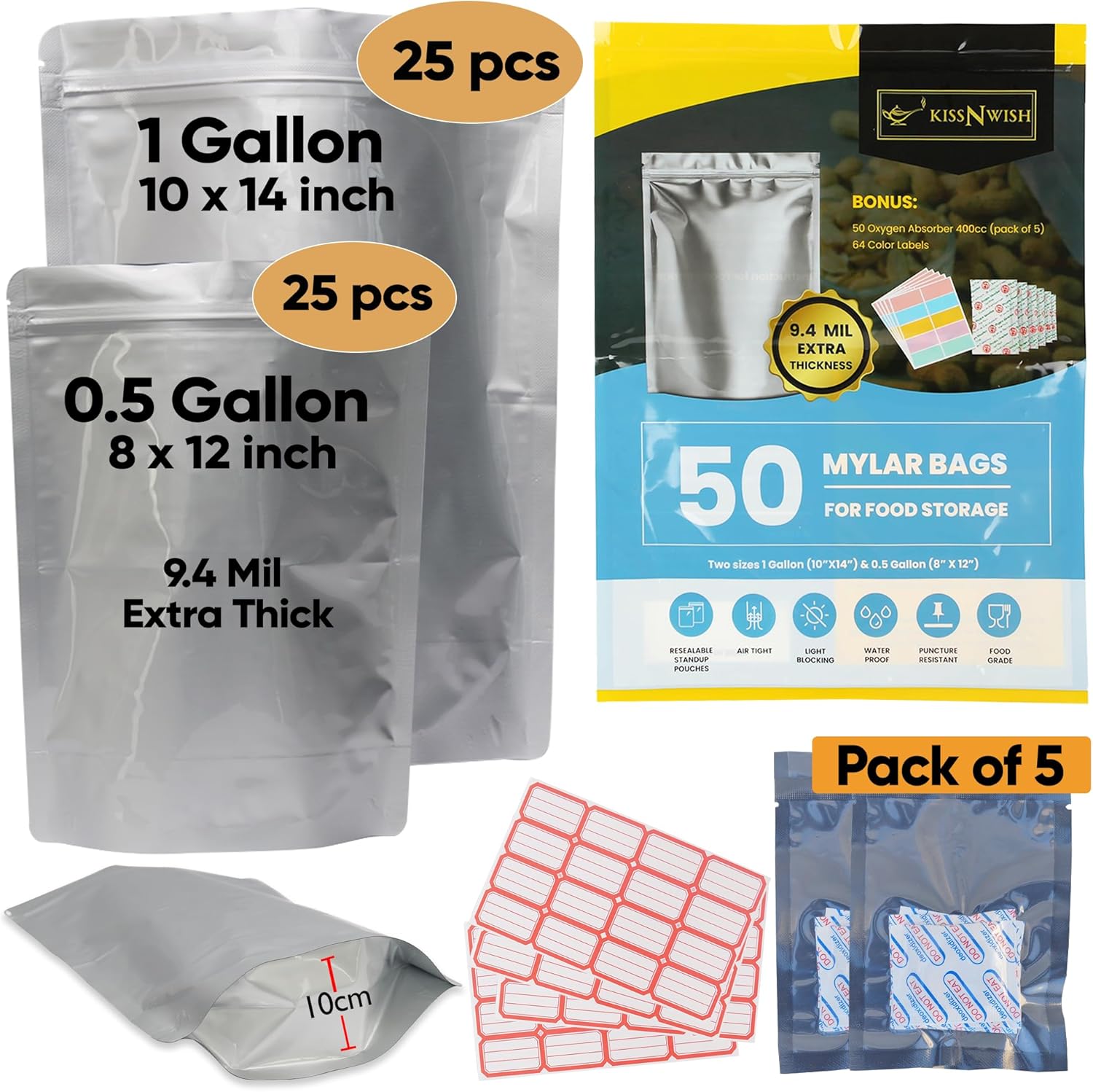 50 Mylar Bags for Food Storage - 0.5 and 1 Gallon Mylar Bags with Oxygen Absorbers 400cc - 9.4 Mil Extra Thick