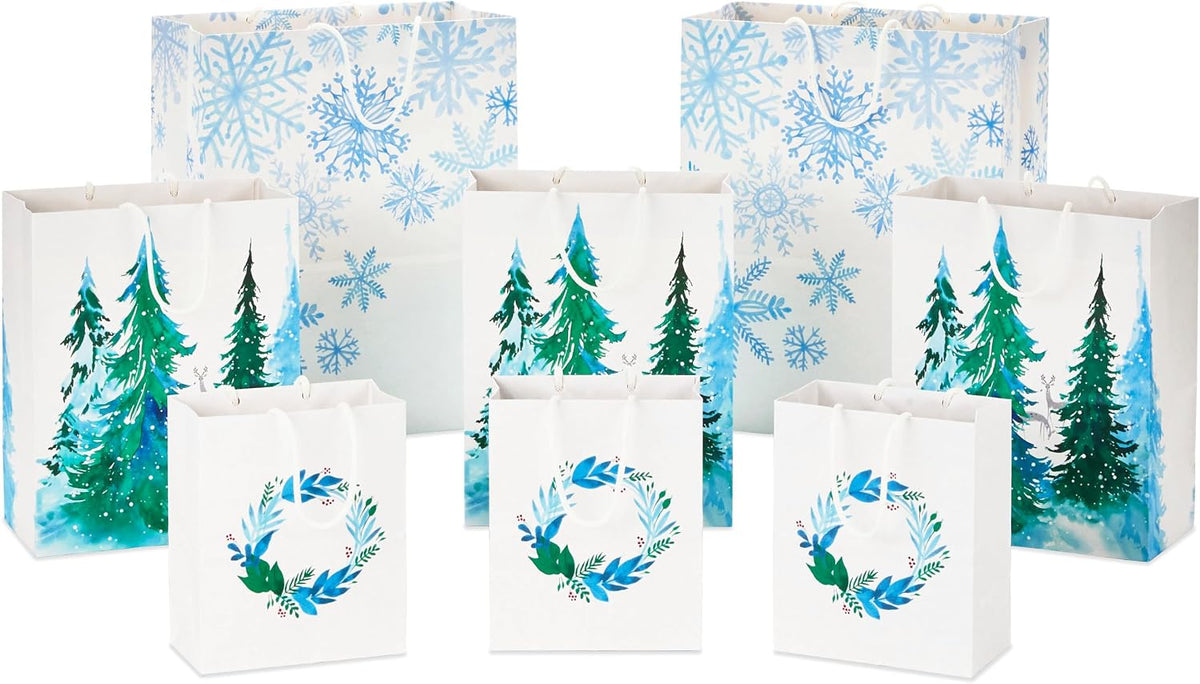 Christmas Gift Bags, Assorted 8-Pack (Wreath, Trees, Snowflakes)