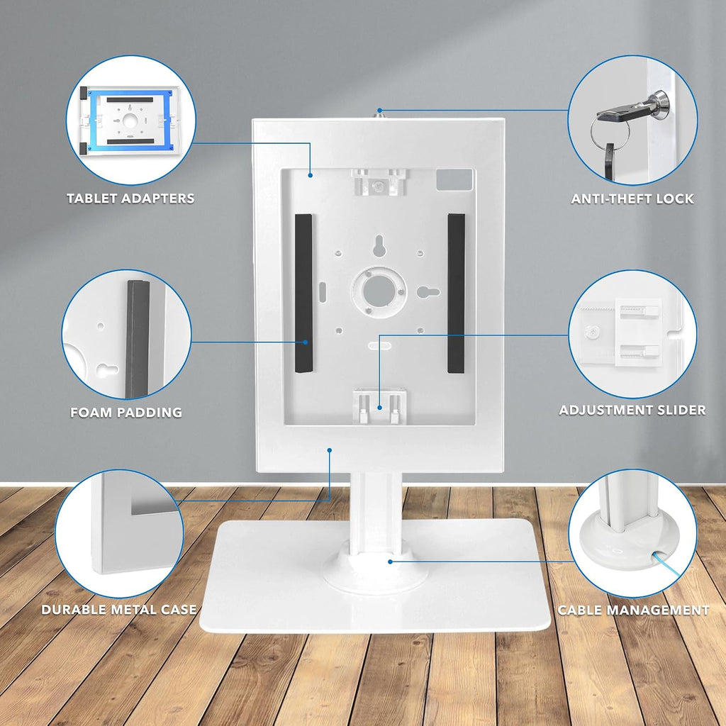 iPad Kiosk Stand, Anti-Theft Steel Countertop Enclosure, White | Locking POS Tablet Stand for Retail, Freestanding or