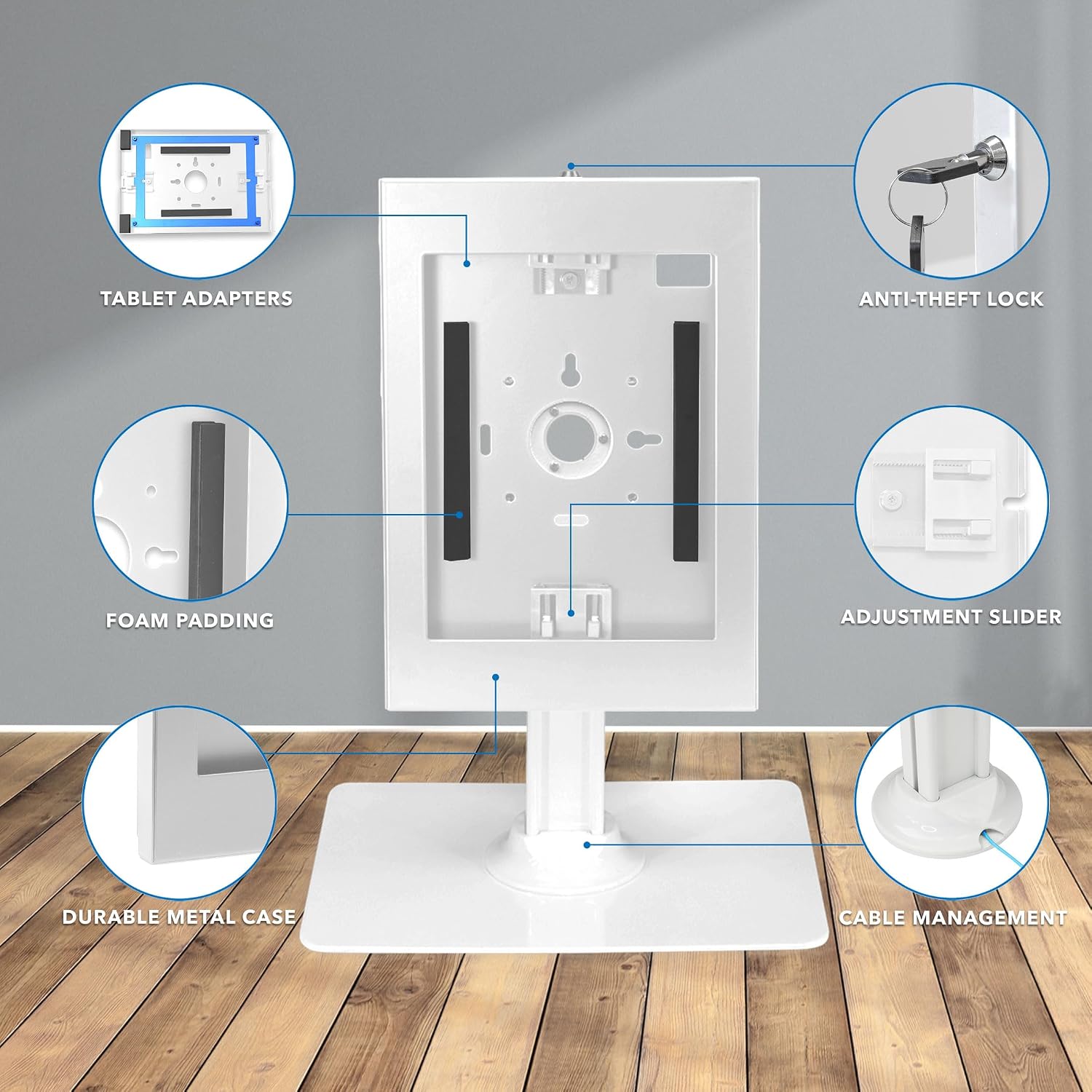 iPad Kiosk Stand, Anti-Theft Steel Countertop Enclosure, White | Locking POS Tablet Stand for Retail, Freestanding or