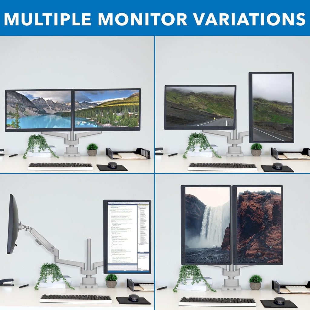 Dual Monitor Mount - Monitor Stands for 2 Monitors, Computer Arms on Desk Stand, Gas Spring Height Adjustable Desk