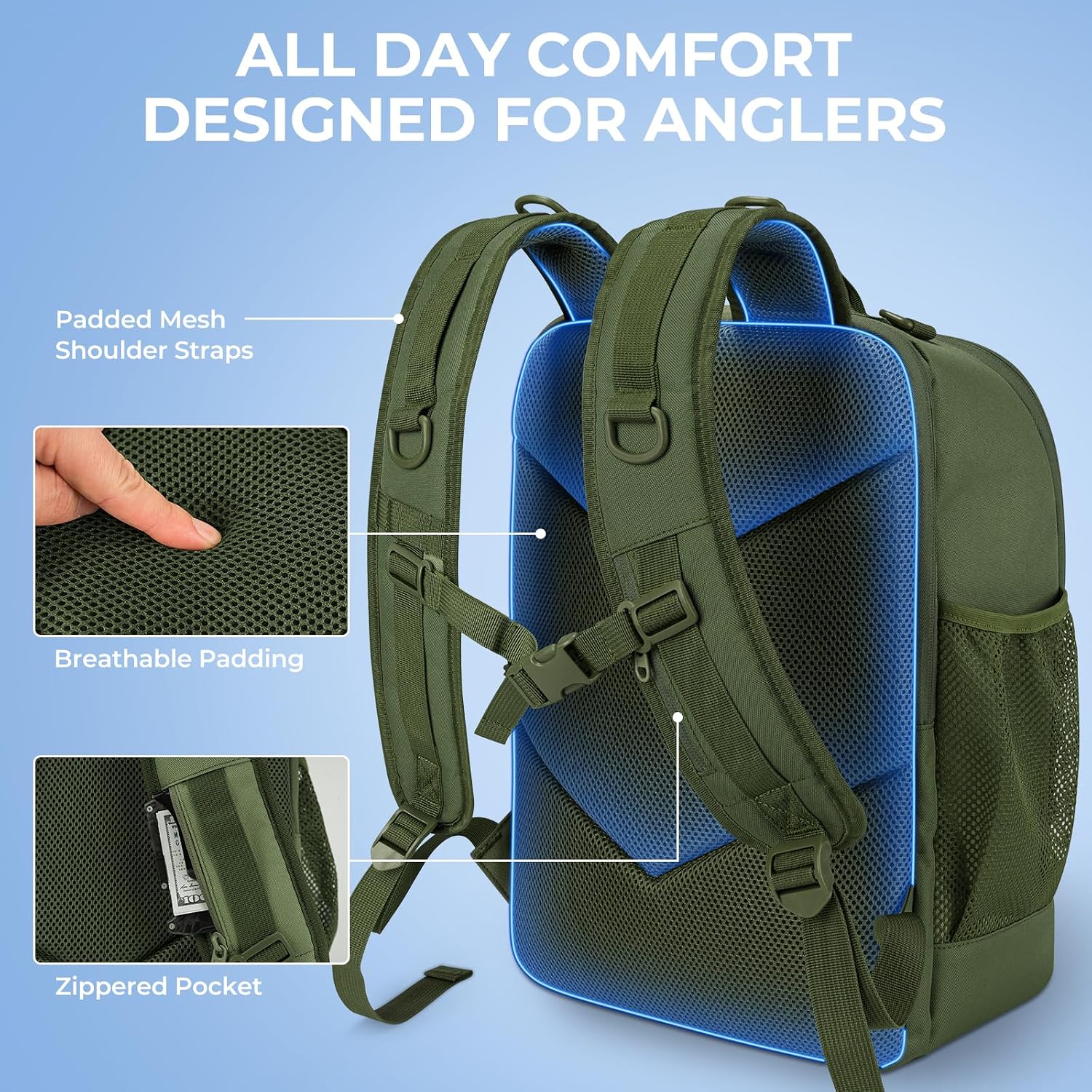 KarryAll Fishing Backpack with Rod Holder 4 Tackle Boxes, 40/26L | Tackle Bag Storage Fishing Gear and Equipment