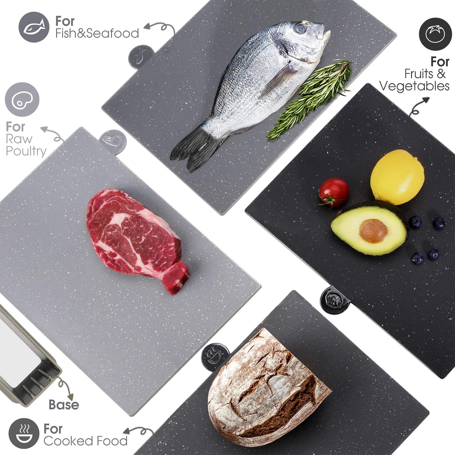 Index Chopping Board Set, 4-Pieces Plastic Cutting Boards with Food Icons and Storage Stand, BPA Free, Dishwasher