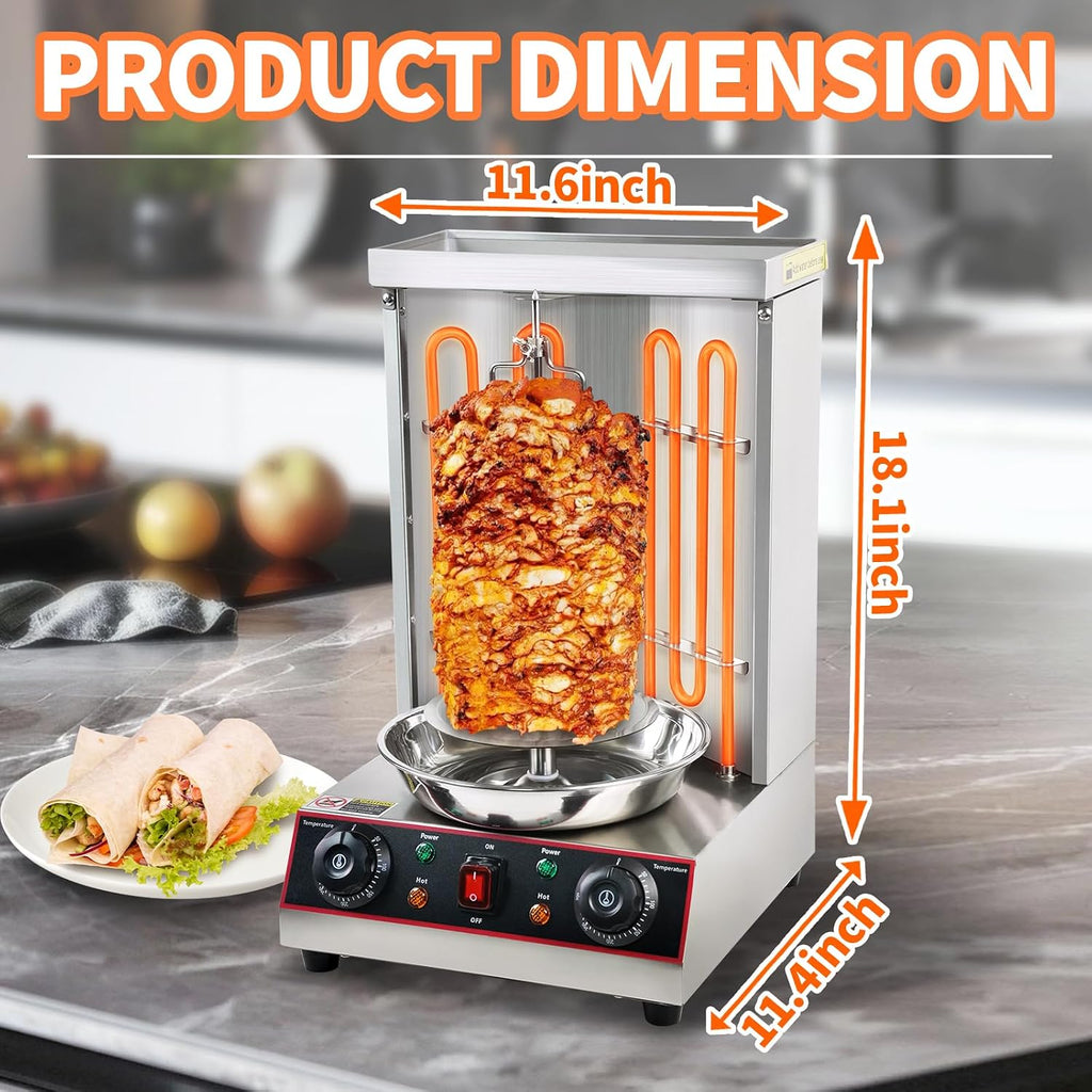 Electric Shawarma Grill Machine Vertical Rotisserie Broiler Gyro with 2 Heating Tubes,Countertop Rotating Grill Doner