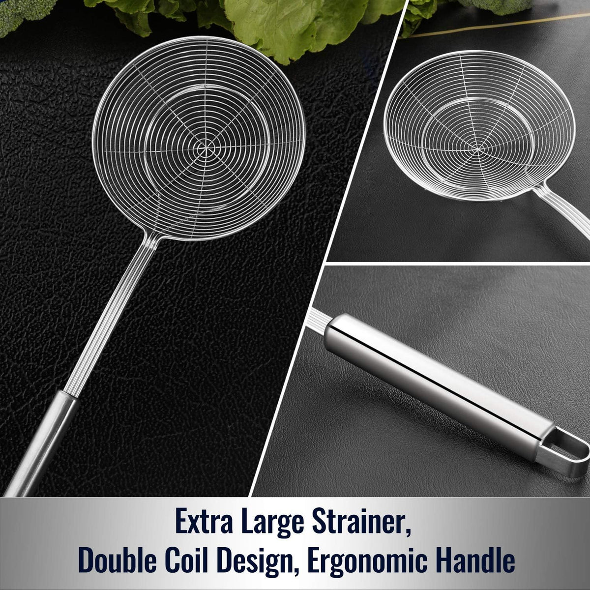 Solid Stainless Steel Spider Strainer Skimmer Ladle, Kitchen Utensils Wire Strainer Pasta Spoon, 7 Inch