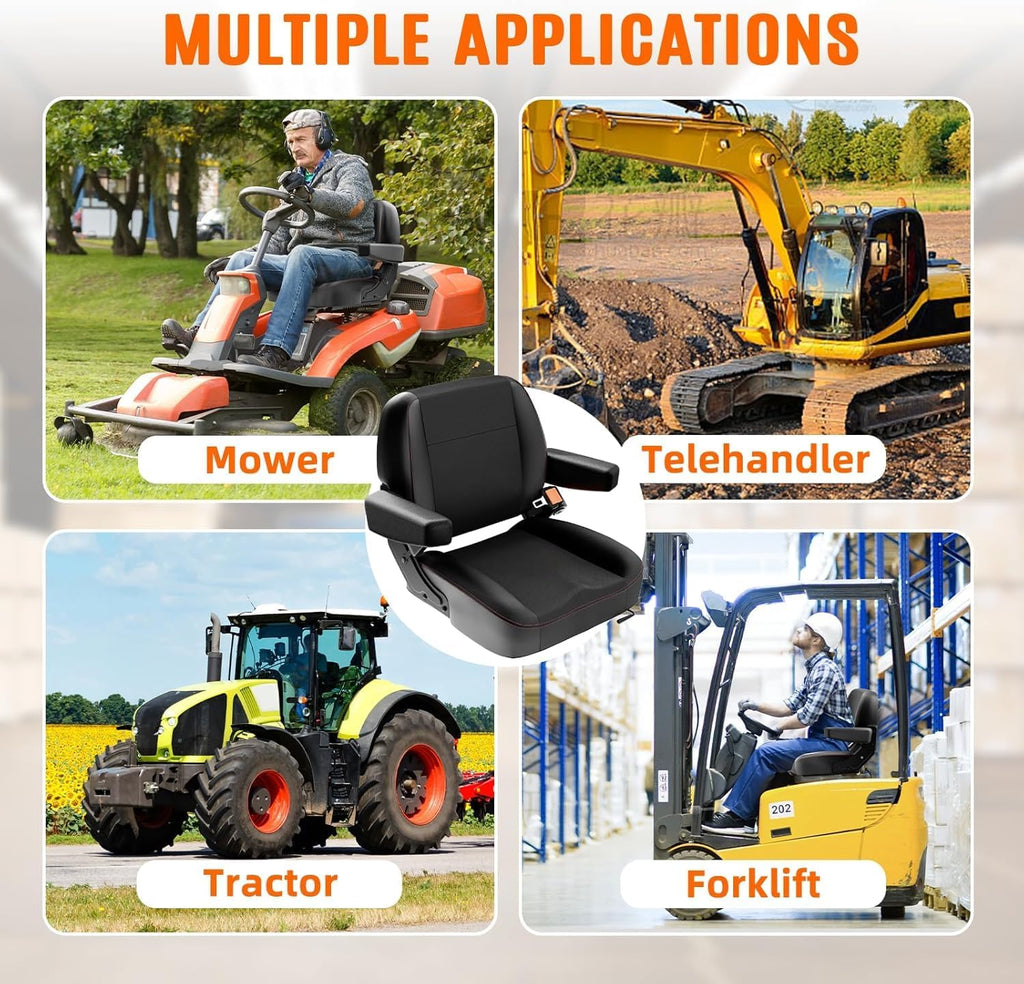 Universal Tractor Seat with Storage Bag, Lawn Mower & Forklift Seat | Comfortable Cushion, Durable Construction and