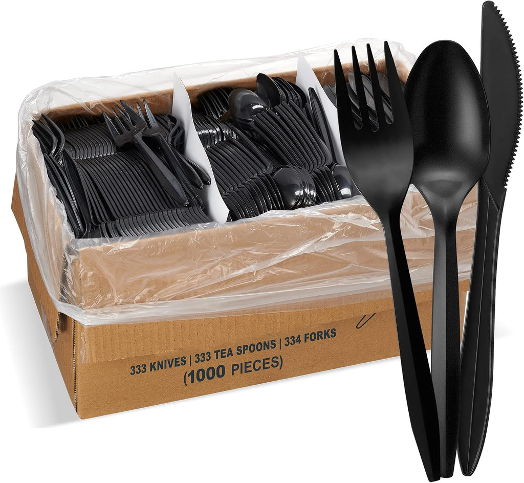1,000 Plastic Disposable Cutlery Bulk Variety Pack Black Medium Weight