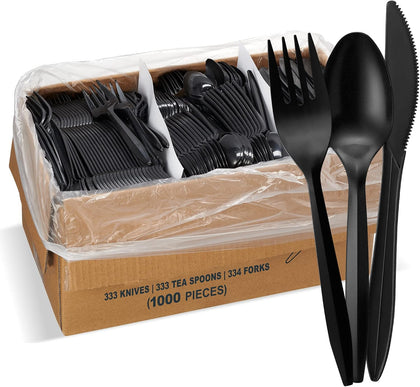 1,000 Plastic Disposable Cutlery Bulk Variety Pack Black Medium Weight