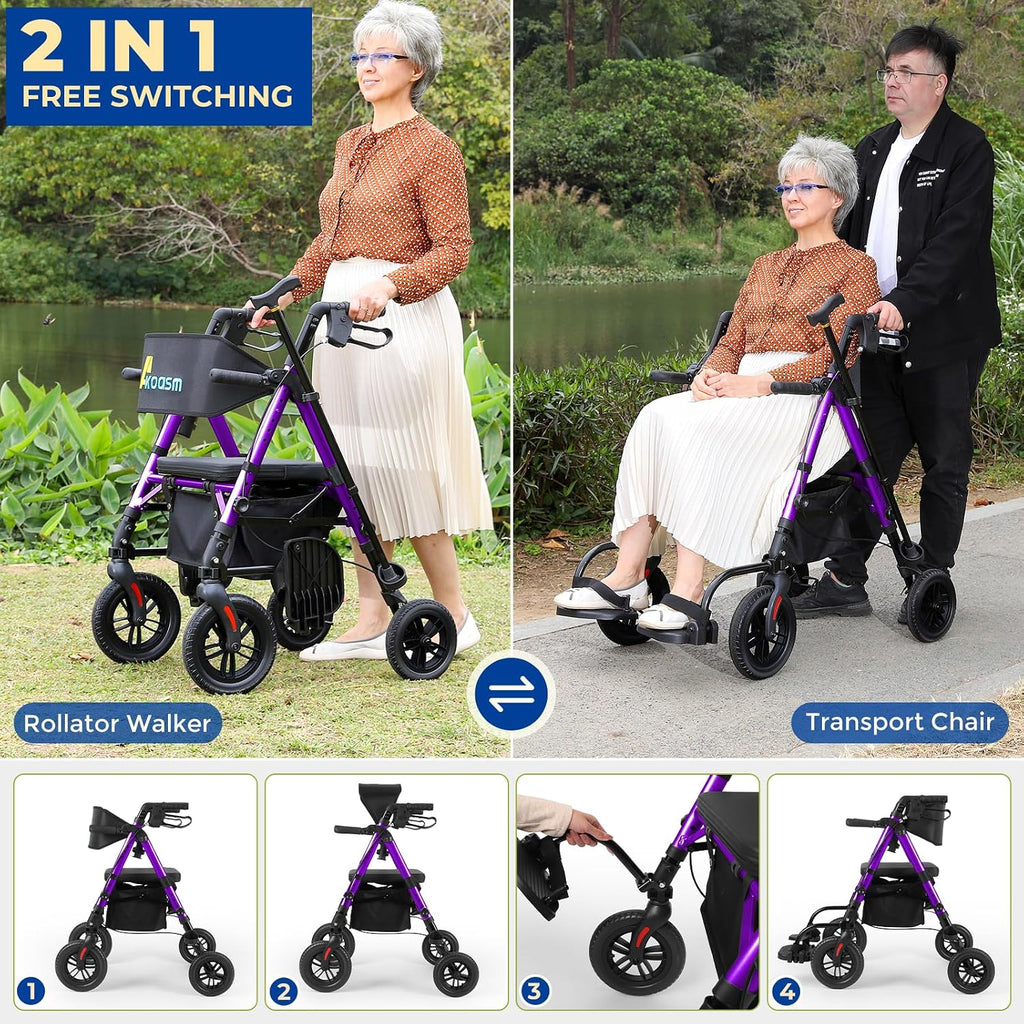 Foldable Rollator Walker for Seniors with Seat, Lightweight 2 in 1 Rolling Walkers Wheelchair Combo for Adult