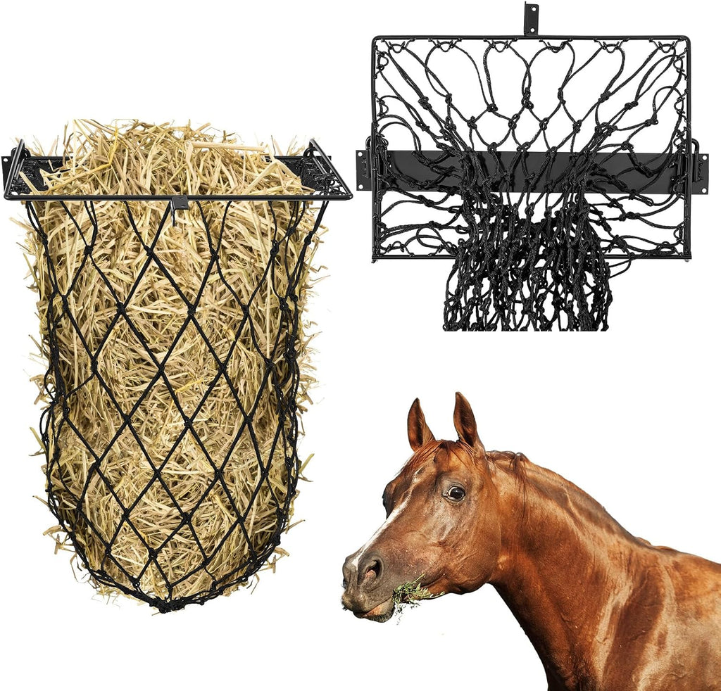 1 Set Wall Mount Hay Feeder for Horse Goats Hay Rack with Net, Black