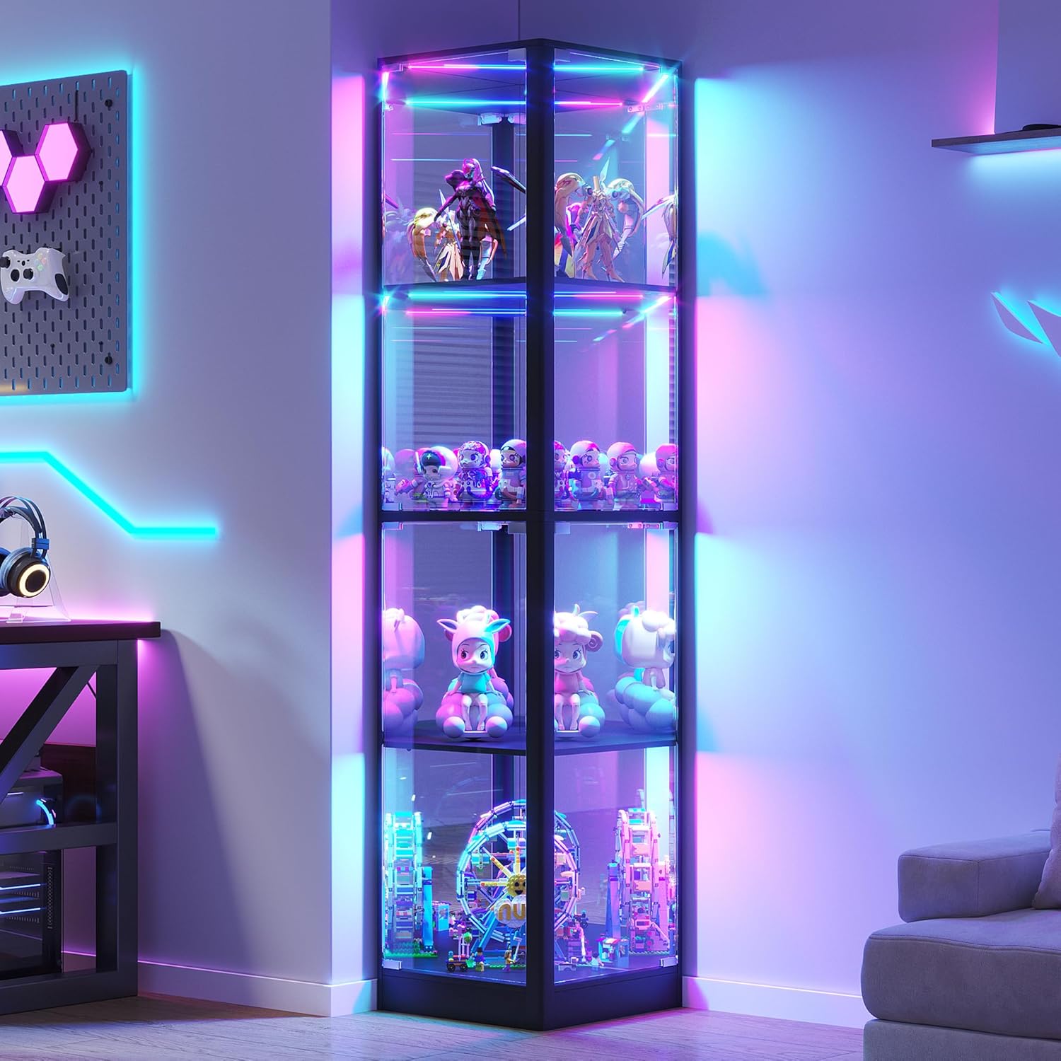 Corner Display Cabinet with Glass Doors & RGB Lights | 68" Tall, Human Sensor Lights, 4-Tier, Display Case for