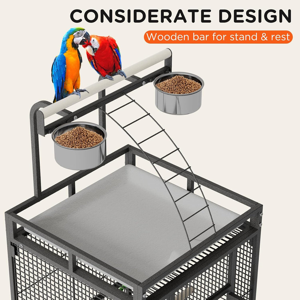 60 Inch Wrought Iron Large Bird Cage with Play Top, Stand | Rolling Metal Black Parrot Cage with 4 Stainless Steel