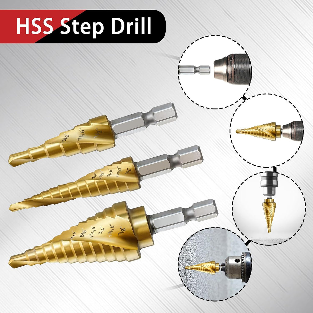 3Pcs 1/4" Hex Shank HSS Step Drill Bit Set