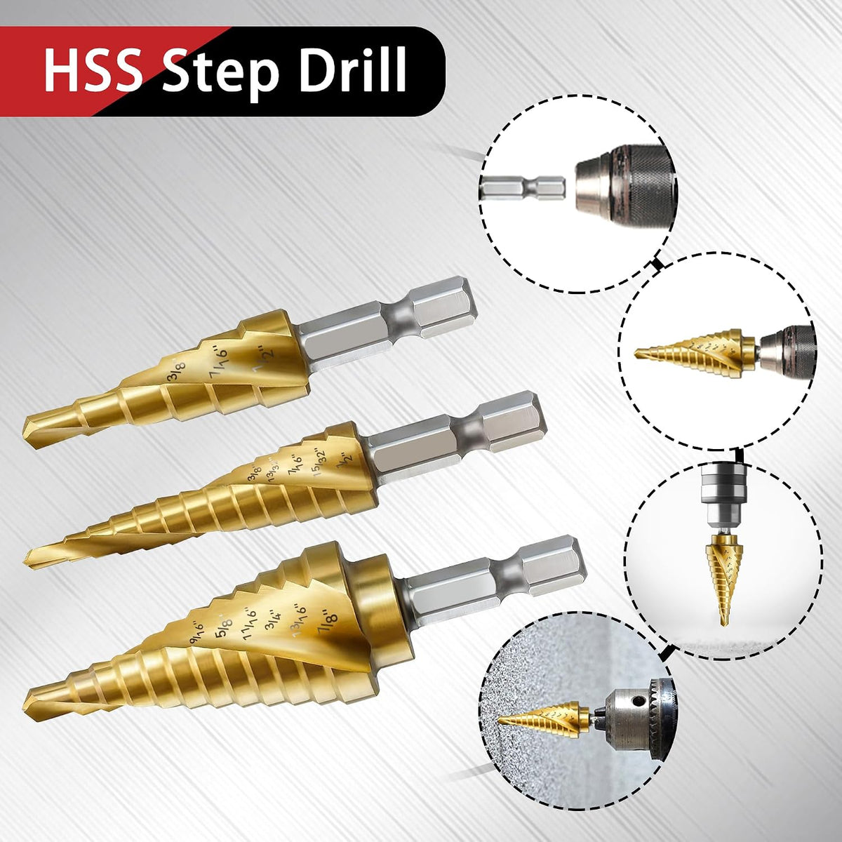 3Pcs 1/4" Hex Shank HSS Step Drill Bit Set