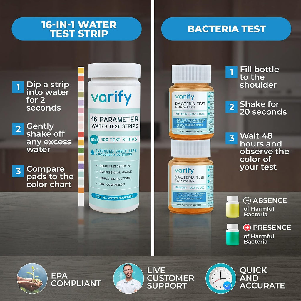 17in1 Complete Drinking Water Test Kit - 100 Strips + 2 Bacteria Tester Kits - Well, Tap, Home, City Water Testing