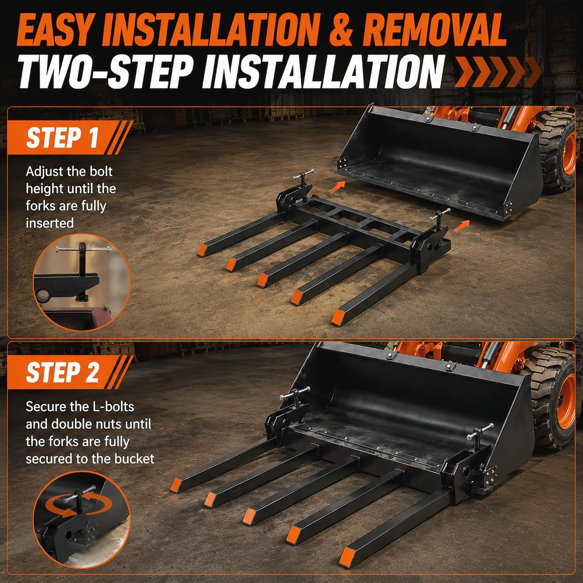 Clamp-On Debris Forks, 48 Inch Pallet Forks for Tractor Bucket 5 Tine Heavy Duty Bucket Fork Attachment,2500 LBS