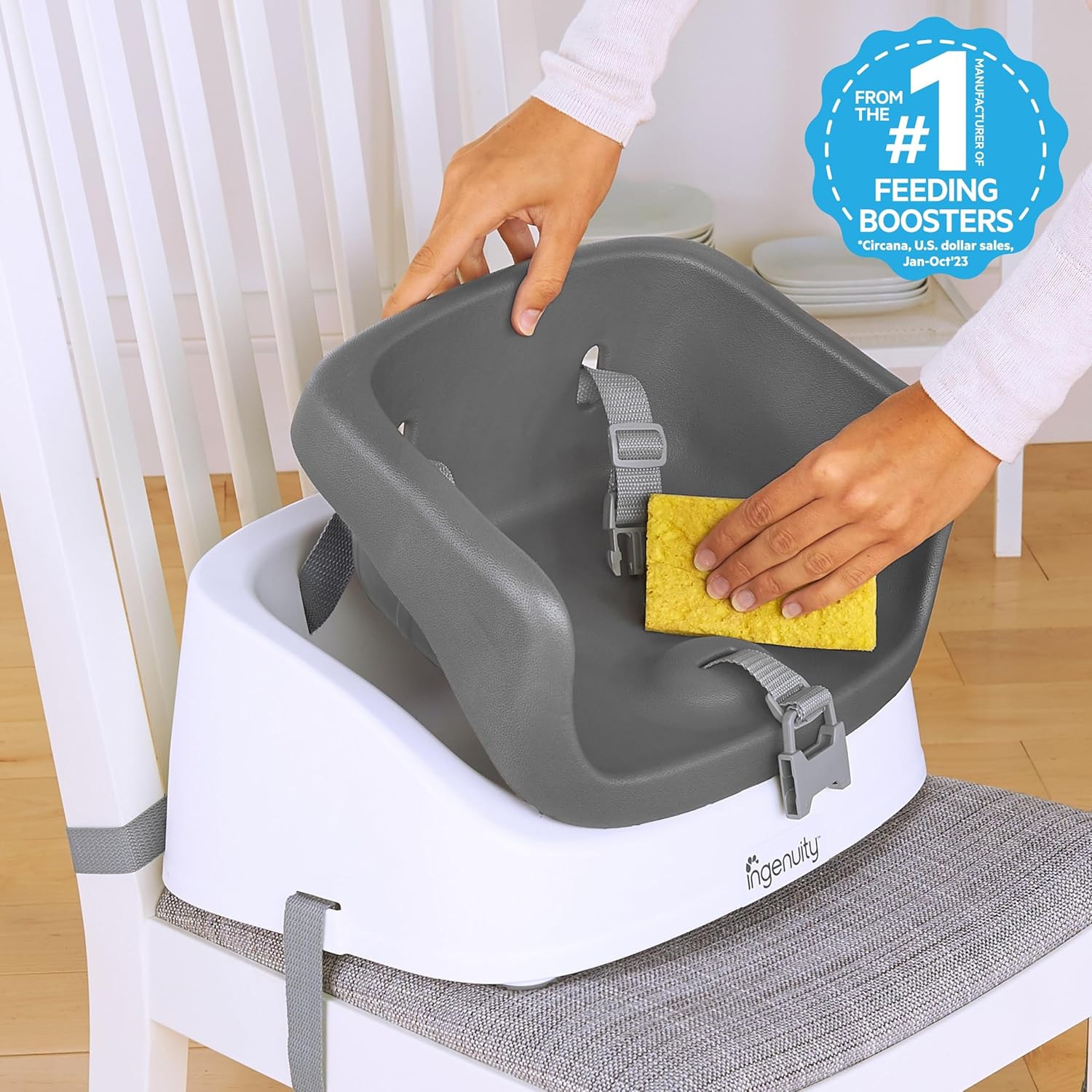 SmartClean Toddler Booster Seat for Kitchen Chair – Lightweight for on-the-go, Easy-Clean, 3-Point Harness Strap –