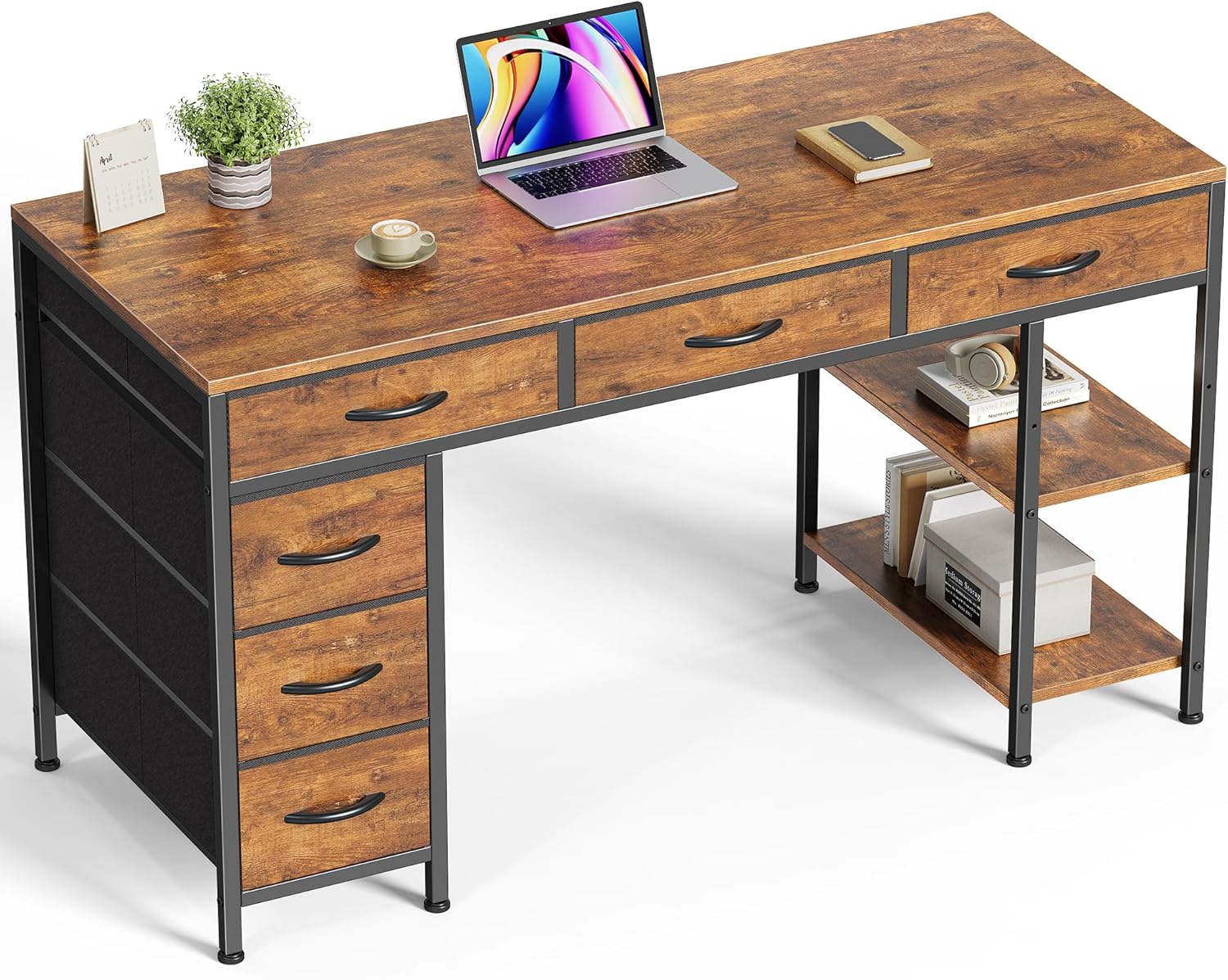 Computer Desk with 6 Drawers, Office Desk with Shelves, Reversible Gaming Desk, Corner Desk with Storage, Work for