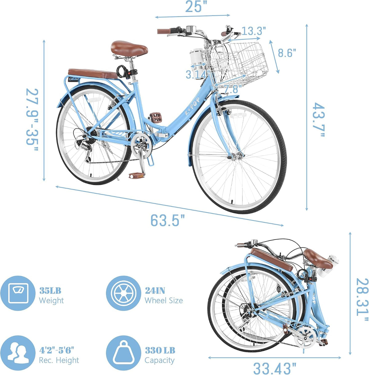 24/26 Inch Foldable Beach Cruiser Bike for Womens, 7 Speed Womens Bike with Basket and Coffee Cup, Commuting Bicycles