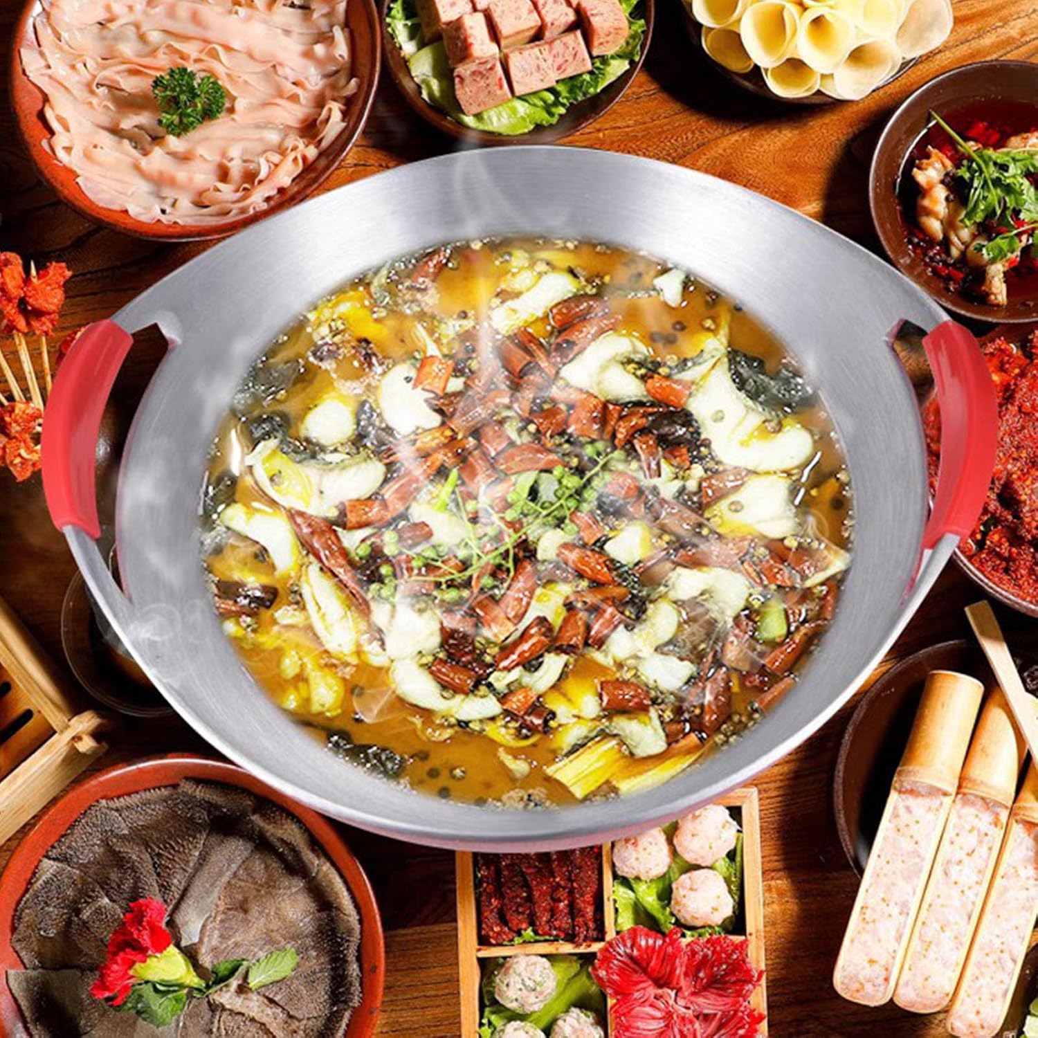 Stock Pot, Anti Stick Coating Thickened Aluminum Alloy Red Base Boiling Fish Soup Pot with Dual Handles Household Wok