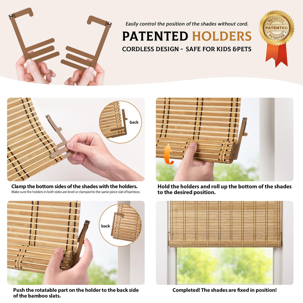 Cordless Bamboo Blinds, 23"x72", Carbonized