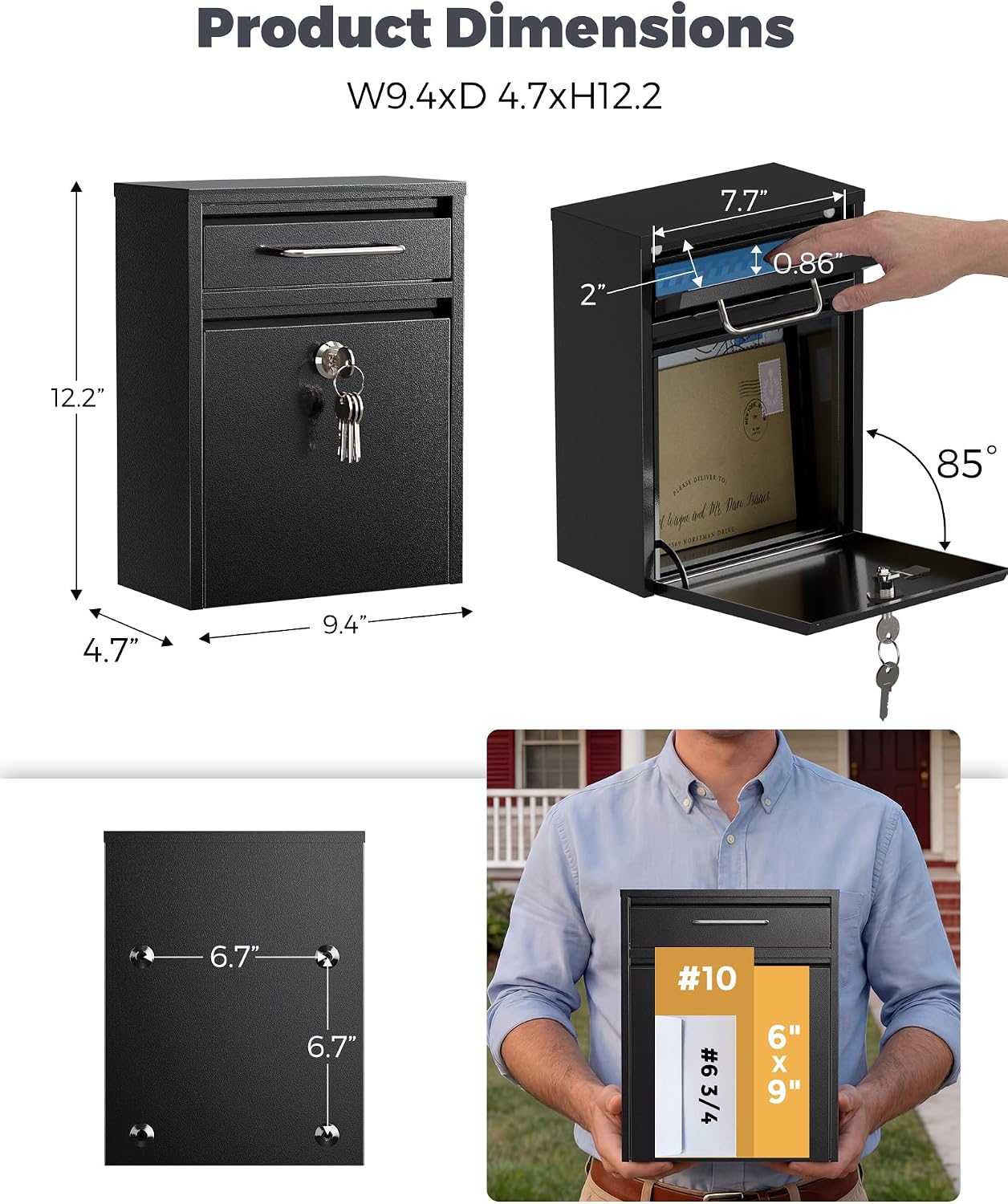 Mailbox for Outside Wall Mount, Heavy Duty Rustproof, Anti-Theft Locking Mailbox with 4 Keys, Weatherproof for