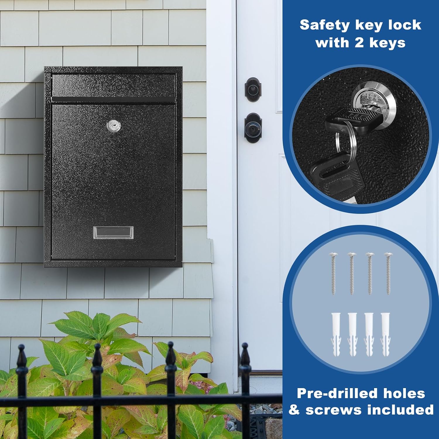 Mailbox for Outside, Wall Mount Locking Mailbox, Security Drop Box with Key Lock for Letters, Cash, Cards, Steel Mail