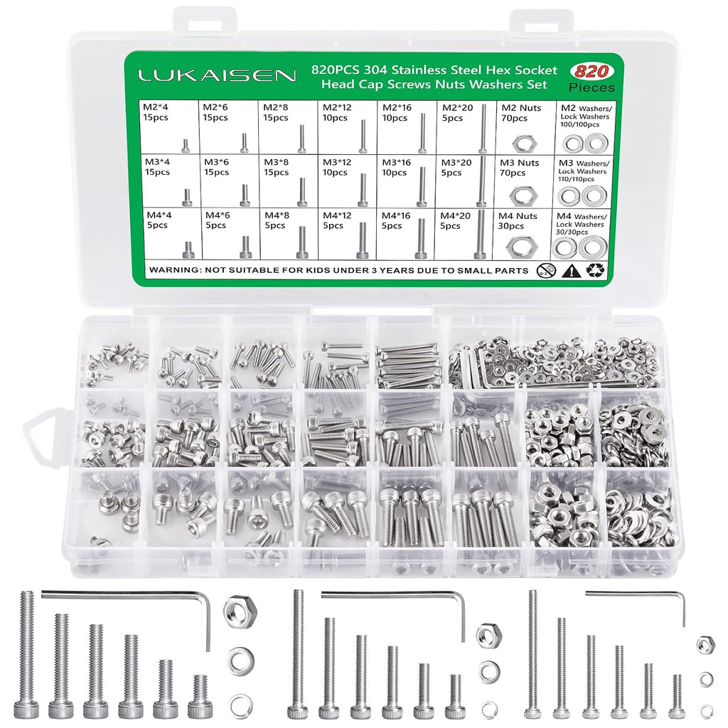 820Pcs Screw Assortment Kit, M2-M4 Stainless Steel Hex Socket Cap Bolts