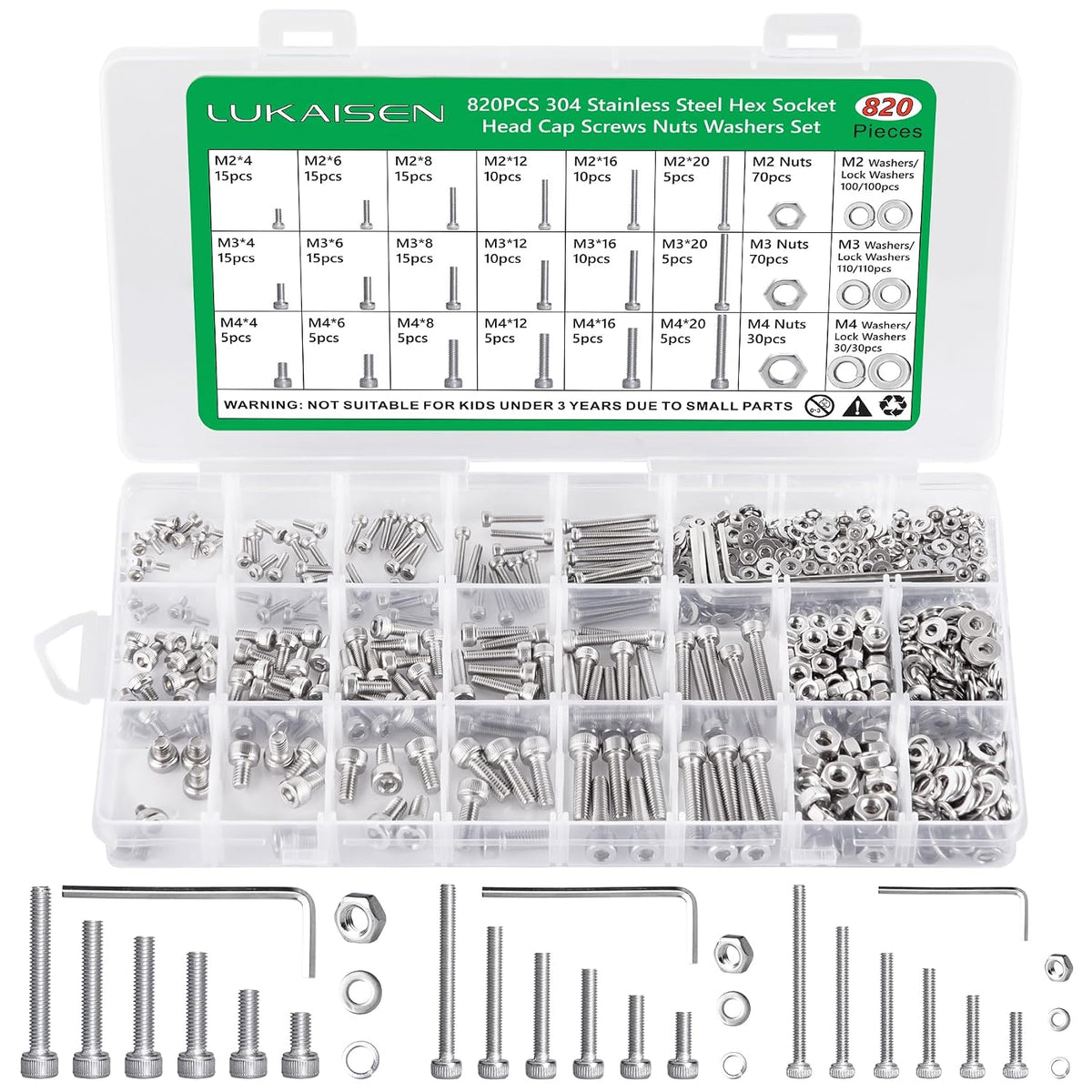 820Pcs Screw Assortment Kit, M2-M4 Stainless Steel Hex Socket Cap Bolts