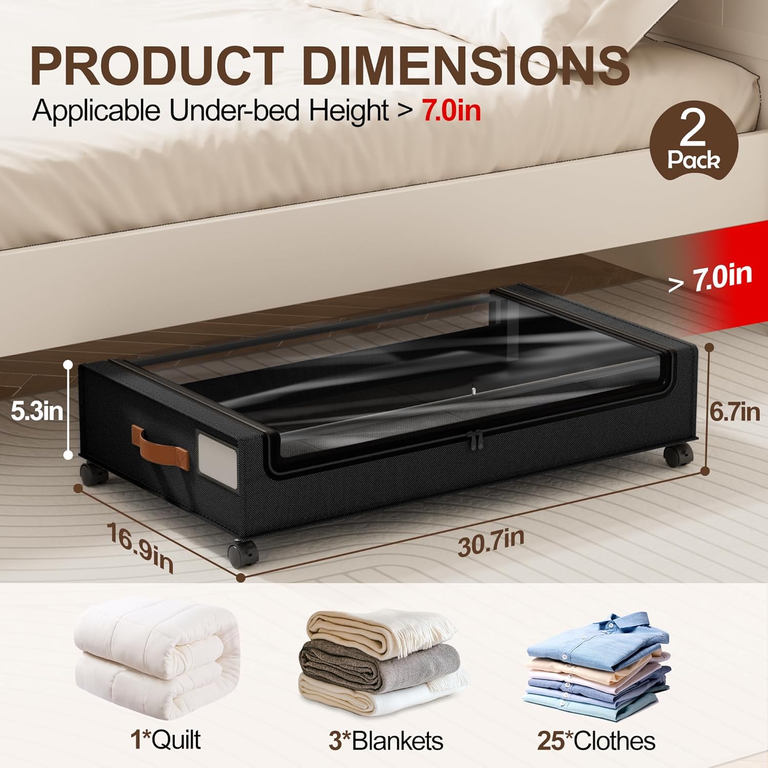 Under Bed Storage with Wheels, 2 Pack Under Bed Storage Containers with Clear Lid, XXL 60 L Underbed Storage Bins
