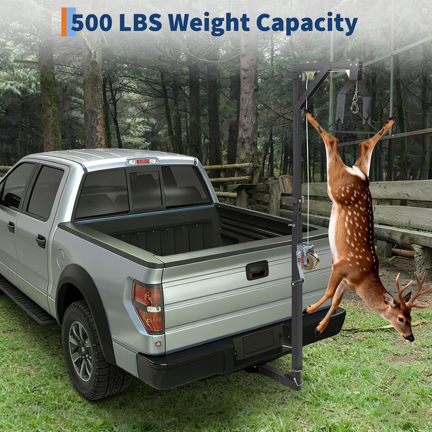 Heavy Duty Deer Hoist with Gambrel & Winch, 500LB Capacity, 360° Swivel, Adjustable 2'' Truck Hitch Mount Game Lifter