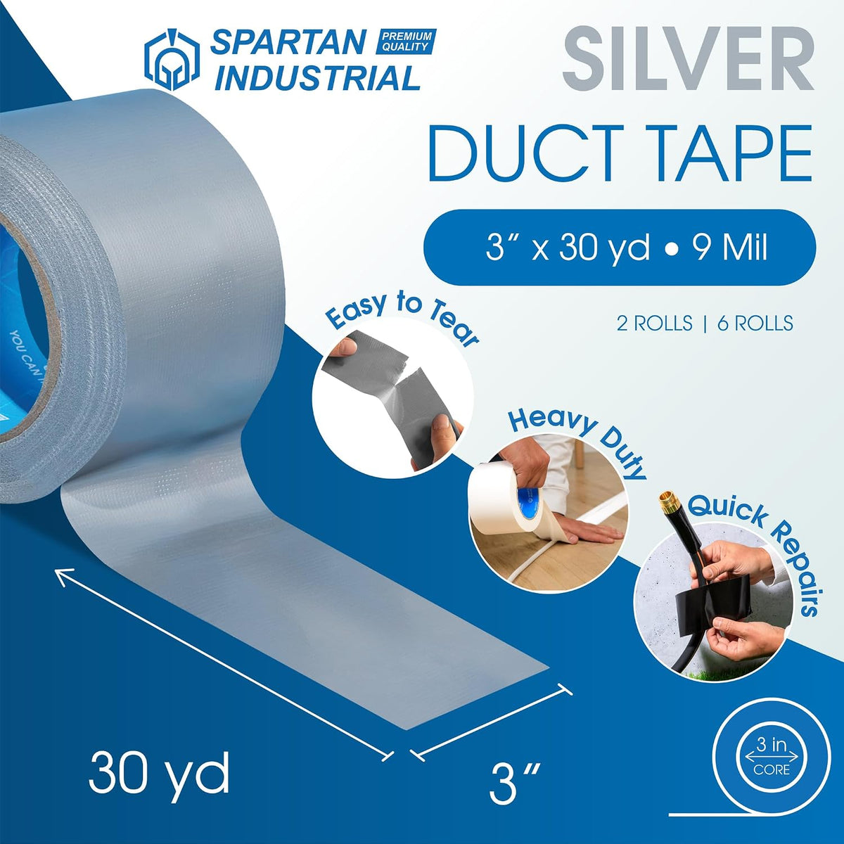 3" X 30 yd Water-Resistant Silver Duct Tape - 2 Heavy-Duty Tape Rolls