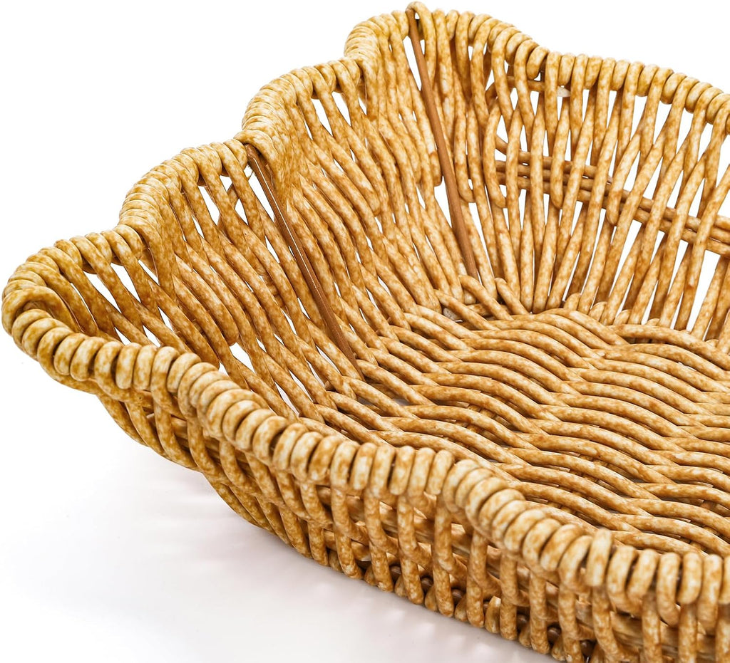 3 Pack Poly Wicker Bread Baskets, Imitation Rattan Fruit Baskets, Rectangular Tabletop Woven Serving Baskets Trays