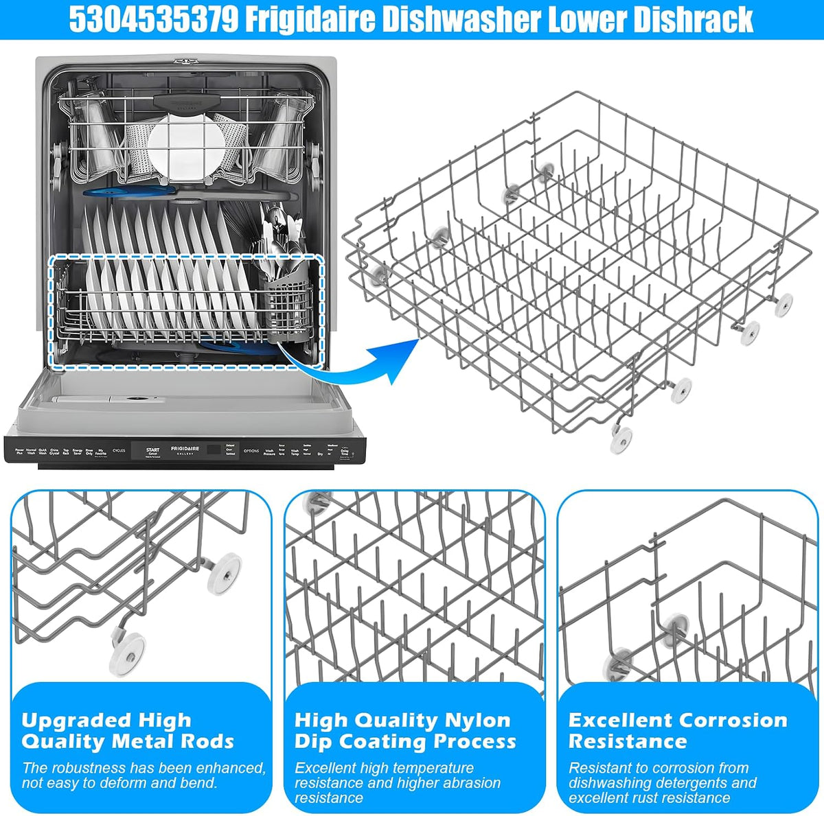UPGRADE 5304535379 Dishwasher Lower Dishrack Compatible with Frigidaire Dishwasher Rack Replacement Parts,5304535379 154331605 FDB1050RES0 Frigidaire Kenmore Dishwasher Bottom Rack Parts with Wheels