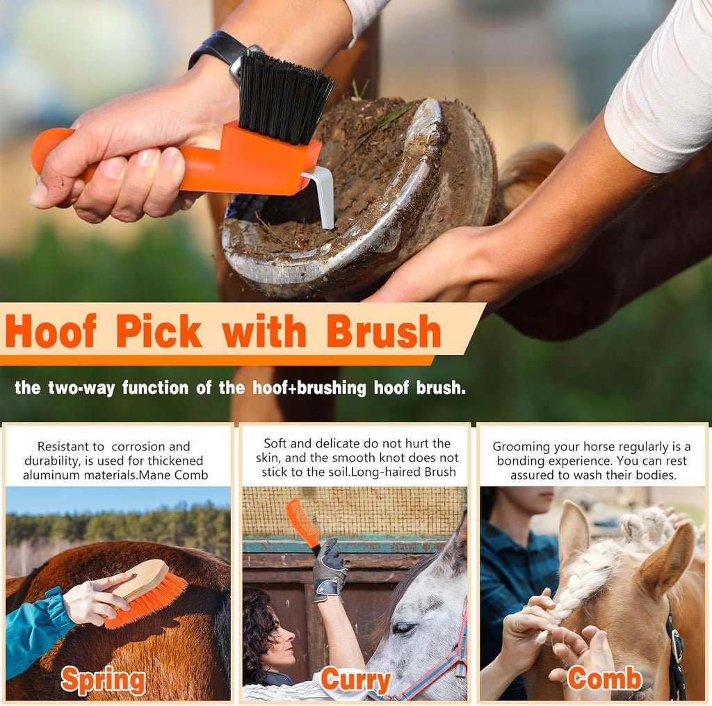 12 Pieces Horse Grooming Kit Equine Care Brushes, Orange