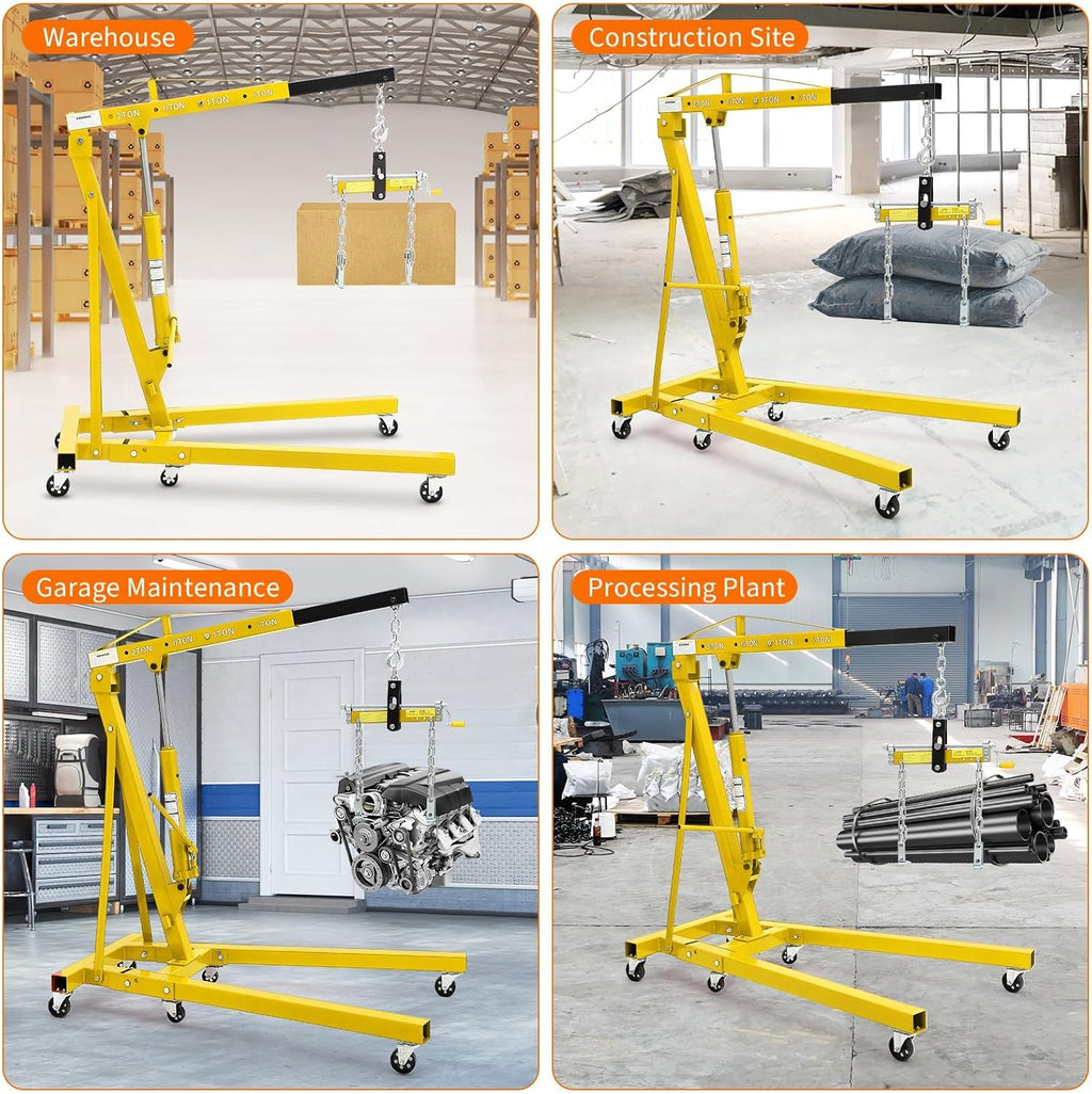 2 Ton Hydraulic Folding Engine Hoist Cherry Picker Shop Crane, 4400 lb Capacity, Telescopic Boom, 6 Caster Wheels