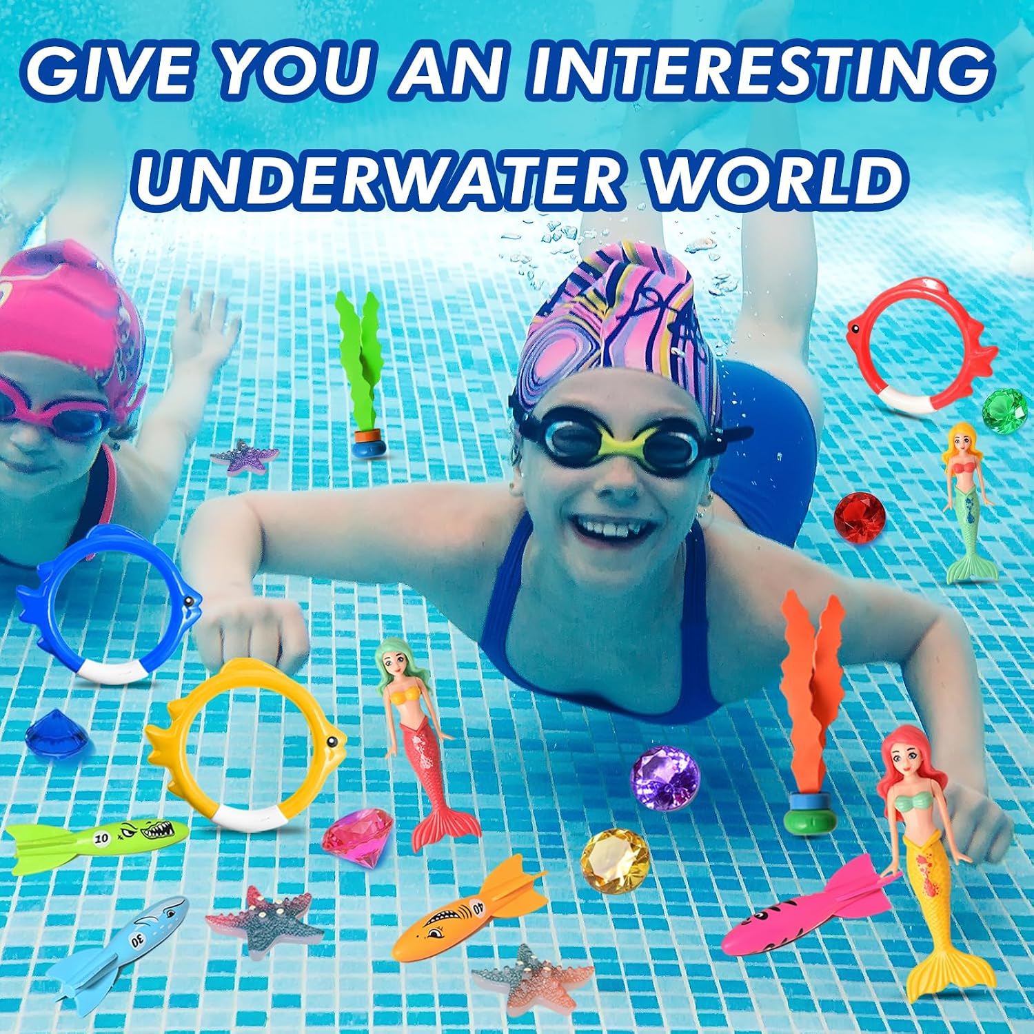 Pool Diving Toys for Kids, Summer Swim Water Toys for Boys Girls, Mermaid, Colourful Torpedos, Diving Rings, Starfish