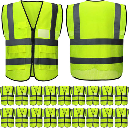 20 Pack Reflective Safety Vests with Pockets, High Visibility Mesh Construction Vest for Men Women, Neon Yellow, Size L