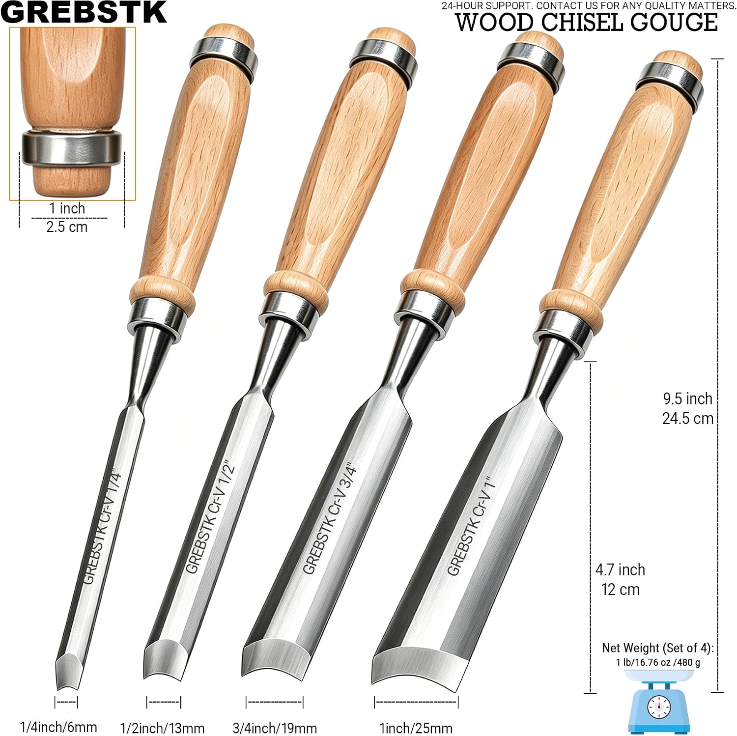 4PC Wood Chisel Gouge Set, CR-V Hardened Semi-Circular Blades, Ergo Grips | Edge Retention, Low-Vibration Cuts